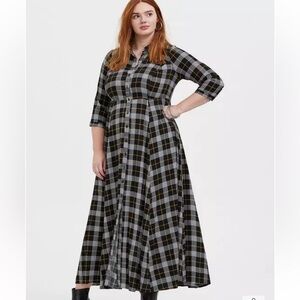 Torrid Maxi Challis Button Front Plaid Shirt Dress